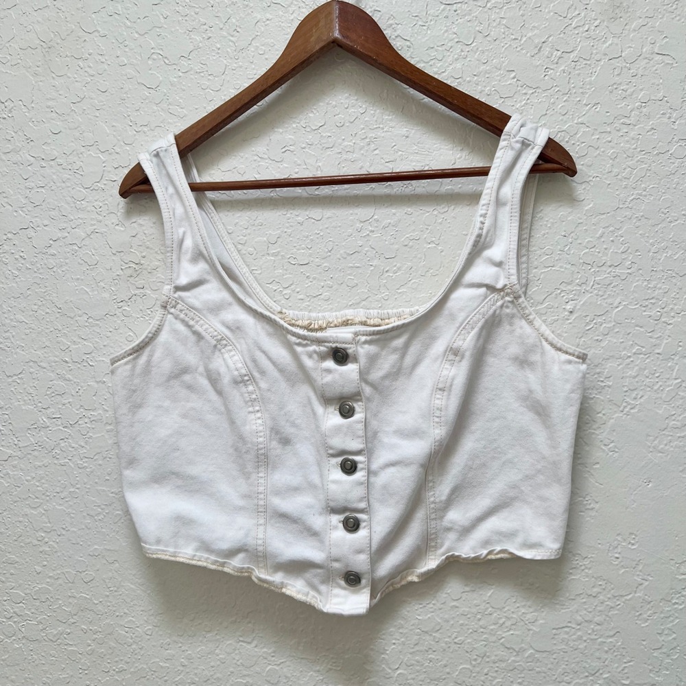 Japna White Denim Corset Top Button Front Smocked Back Sleeveless Crop Large
